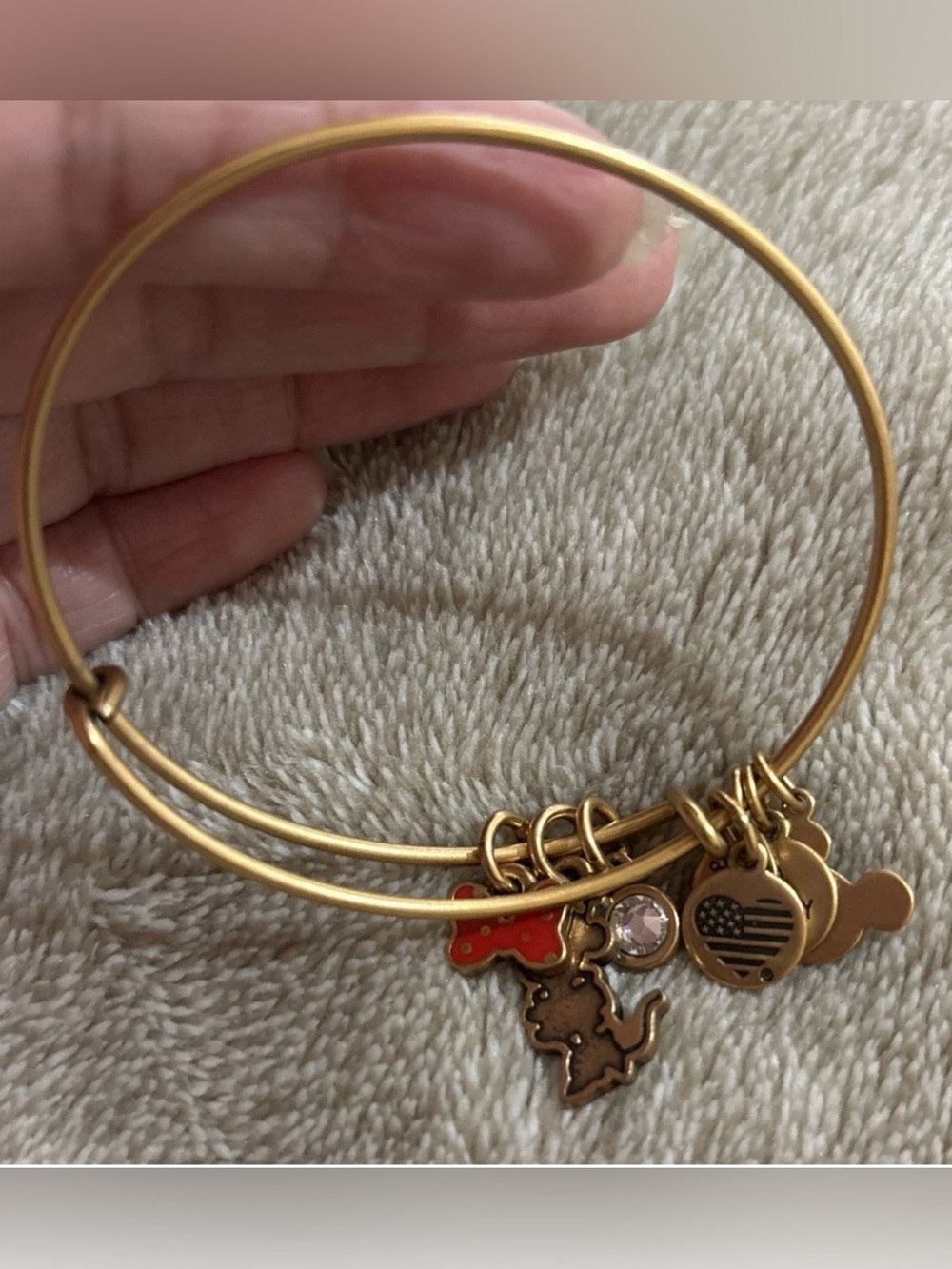 Alex and Ani Disney Minnie Mouse Trio Gold Tone Charm Bangle with Red Bow Accent